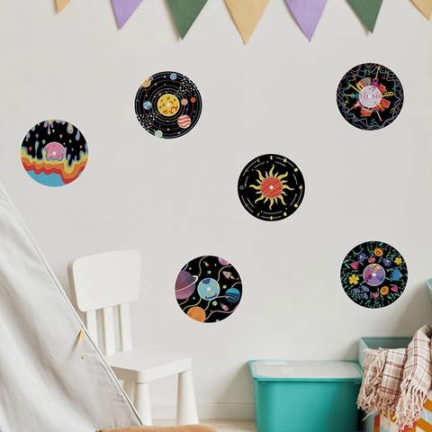 Round Record Style Artistic Celestial Sunflower Floral Music PVC Decorative Decals For Bedroom Living Room Home Decor