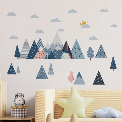 Nordisch Karikatur Gebirge Wolke Baum Wandtattoo PVC Selbstklebend Deko Für Kinderzimmer Wohnzimmer Hintergrund Wandkunst