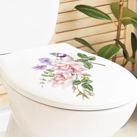 Watercolor Rose Floral Bird Toilet Sticker PVC Waterproof Removable Self-Adhesive Bathroom Wall Decal Home Decor Art Mural