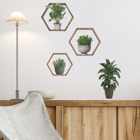 3D Piante Verdi In Vaso Adesivi Murali PVC Cornice In Legno Esagonale Murale Per Soggiorno Camera Da Letto Decorazione Moderna