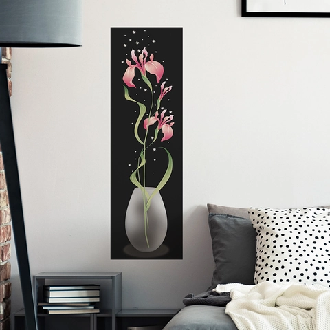 Modern Minimalistisch Rosa Iris Blume Vase PVC Wandaufkleber Schwarz Hintergrund Abnehmbare Dekorative Wandtattoo Für Schlafzimmer