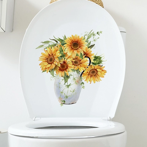 Sunflower Floral Watercolor Toilet Sticker Waterproof PVC Decal For Bathroom Home Decor Wall Art Self-Adhesive Mural Decor