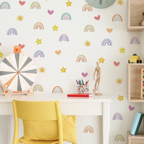Stickers Muraux Dessin Animé Arc-en-ciel Cœur Étoile PVC Amovible Aquarelle Décoration Chambre Enfant Garderie Autocollant Mural