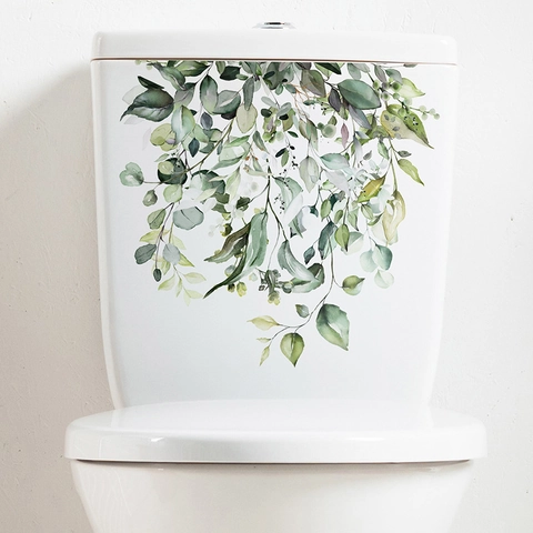 Adesivi per WC Fiori Foglie di Eucalyptus Piante Verdi Fresche Acquerello Bagno Casa Decalcomania Murale in PVC Rimovibile