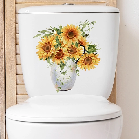 Sunflower Floral Watercolor Toilet Sticker Waterproof PVC Decal For Bathroom Home Decor Wall Art Self-Adhesive Mural Decor