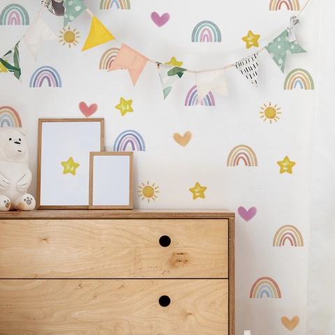 Stickers Muraux Dessin Animé Arc-en-ciel Cœur Étoile PVC Amovible Aquarelle Décoration Chambre Enfant Garderie Autocollant Mural