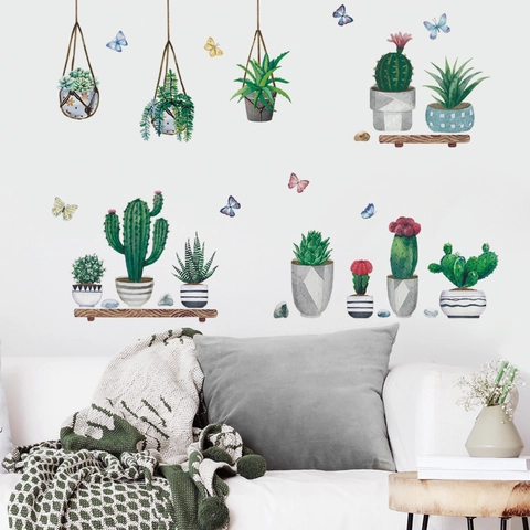 Pegatinas De Pared De Plantas Verdes En Maceta Cactus Suculentas Mariposa Calcomanía De Vinilo DIY Para Sala Dormitorio Decoración