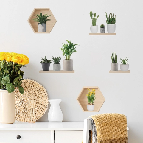 Vinilo Decorativo Pared Efecto Visual 3D Plantas Verdes Cactus Estante Hexagonal PVC Autoadhesivo Removible Para Decoración Hogar Sala