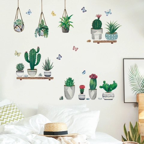 Pegatinas De Pared De Plantas Verdes En Maceta Cactus Suculentas Mariposa Calcomanía De Vinilo DIY Para Sala Dormitorio Decoración