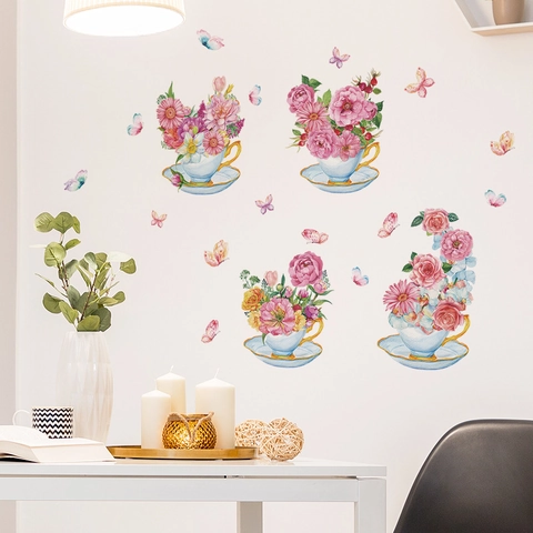 Aquarell Blumen Teetasse Wandtattoo Mit Schmetterlingen PVC Abnehmbare Selbstklebende Wandaufkleber Für Wohnzimmer Schlafzimmer Deko