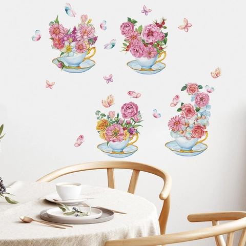 Aquarell Blumen Teetasse Wandtattoo Mit Schmetterlingen PVC Abnehmbare Selbstklebende Wandaufkleber Für Wohnzimmer Schlafzimmer Deko
