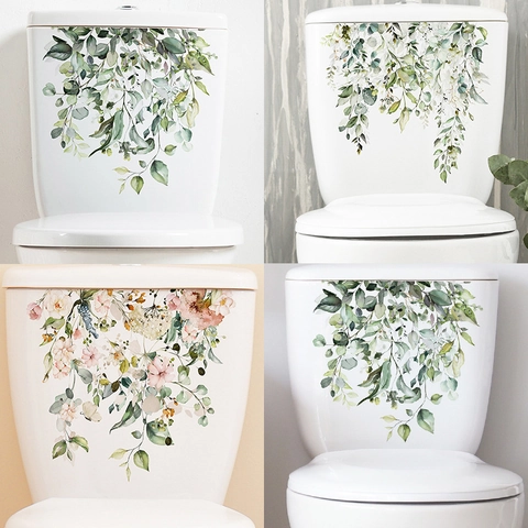 Adesivi per WC Fiori Foglie di Eucalyptus Piante Verdi Fresche Acquerello Bagno Casa Decalcomania Murale in PVC Rimovibile