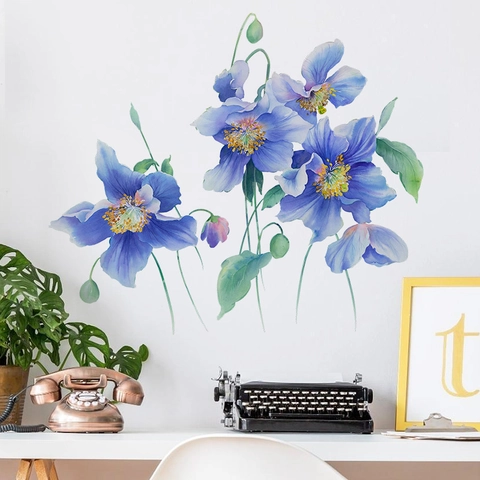 Adesivi Murali Fiori Blu Acquerello Decalcomanie Floreali in PVC Removibili per Camera da Letto Soggiorno Mobile Frigorifero