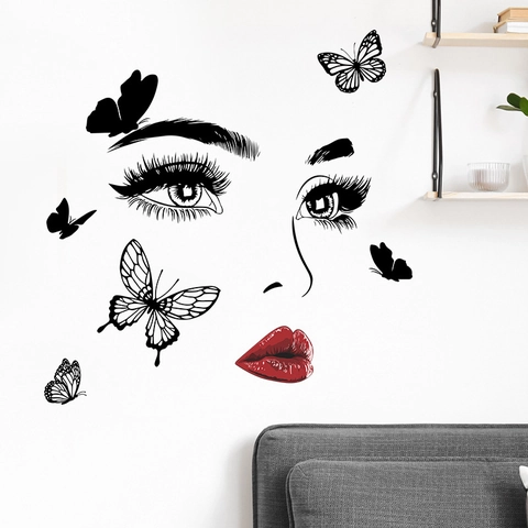 Moderne Schmetterling Augen Rote Lippen Wandtattoo PVC Selbstklebend DIY Aufkleber Für Schlafzimmer Wohnzimmer Deko
