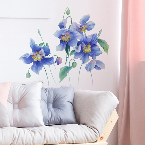 Adesivi Murali Fiori Blu Acquerello Decalcomanie Floreali in PVC Removibili per Camera da Letto Soggiorno Mobile Frigorifero