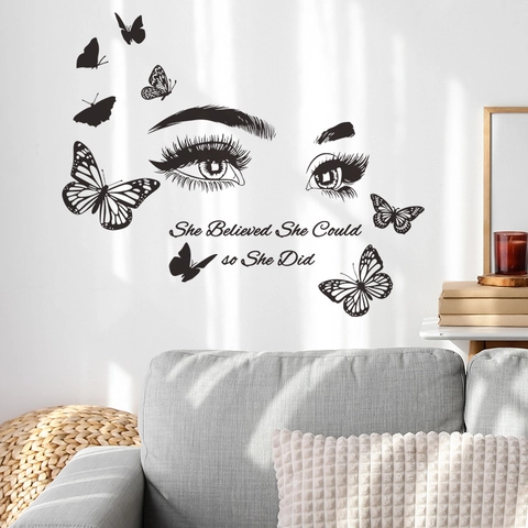 Inspirational Eyes Butterfly Wall Sticker Quote She Believed She Could so She Did PVC Self Adhesive Living Room Decor