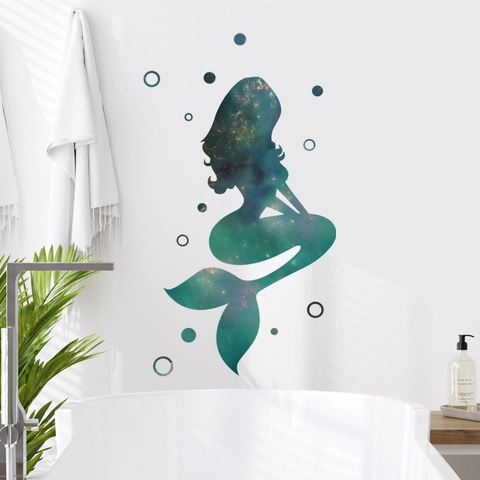 Vinilo Decorativo Silueta De Sirena De Ensueño Patrón De Cielo Estrellado Galaxia PVC Impermeable Autoadhesivo Para Decoración De Baño Hogar