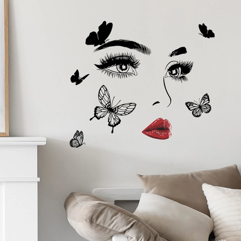 Moderne Schmetterling Augen Rote Lippen Wandtattoo PVC Selbstklebend DIY Aufkleber Für Schlafzimmer Wohnzimmer Deko