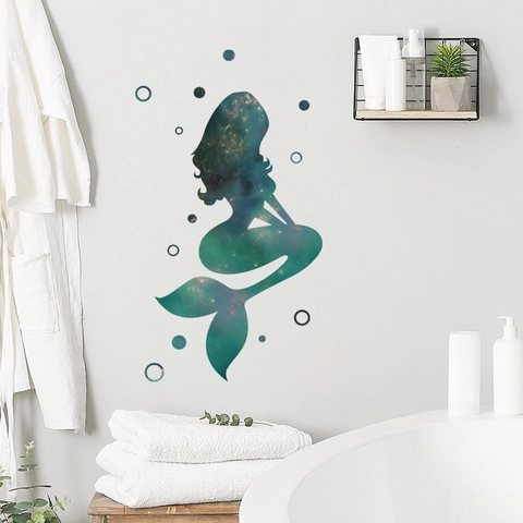 Vinilo Decorativo Silueta De Sirena De Ensueño Patrón De Cielo Estrellado Galaxia PVC Impermeable Autoadhesivo Para Decoración De Baño Hogar