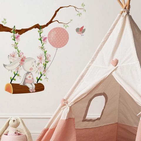 Cartoon Rabbit Flower Vine Swing Wall Sticker Pink Watercolor Bunny Tree Branch Balloon Decal For Kids Bedroom Nursery Decor