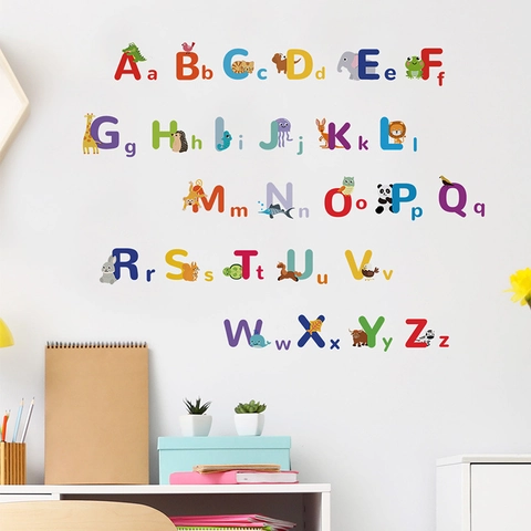 Stickers Muraux Alphabet Animaux PVC Imperméable Amovible Décoration Chambre Bébé Lettres ABC Éducatives pour Maison École Enfants