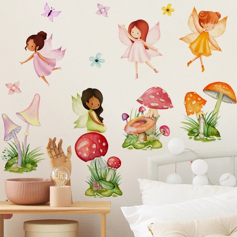Cartoon Flower Fairy Mushroom Wall Stickers Watercolor PVC Self Adhesive DIY Home Decor For Kids Girl Bedroom Nursery