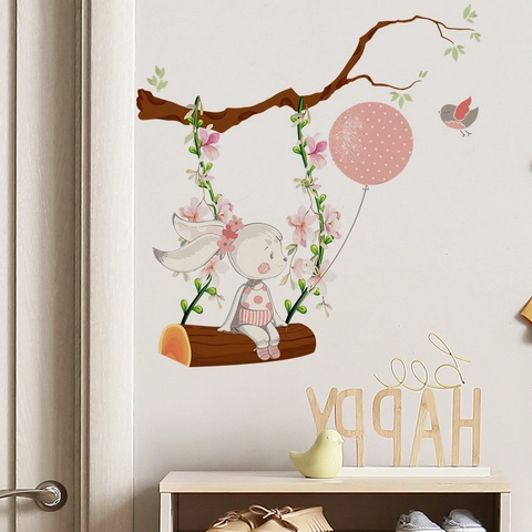 Cartoon Rabbit Flower Vine Swing Wall Sticker Pink Watercolor Bunny Tree Branch Balloon Decal For Kids Bedroom Nursery Decor