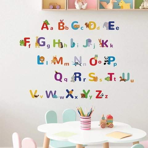 Stickers Muraux Alphabet Animaux PVC Imperméable Amovible Décoration Chambre Bébé Lettres ABC Éducatives pour Maison École Enfants