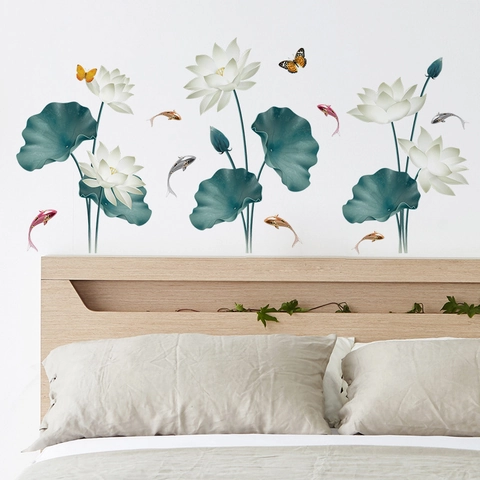 Adesivo Murale in Stile Cinese Con Foglie di Loto Fiori Pesci Koi PVC Autoadesivo per Soggiorno Camera da Letto Casa