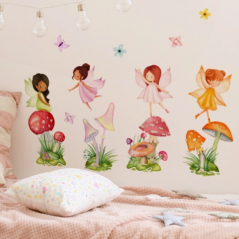 Cartoon Flower Fairy Mushroom Wall Stickers Watercolor PVC Self Adhesive DIY Home Decor For Kids Girl Bedroom Nursery