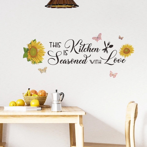 Sunflower Butterfly Kitchen Wall Sticker This Kitchen Is Seasoned With Love Quote Art PVC Decal DIY Home Decor Mural
