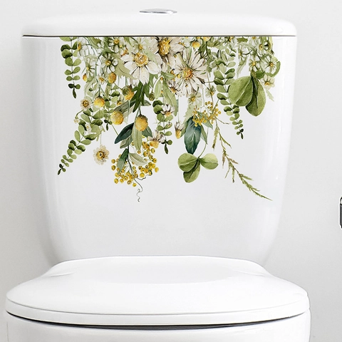 Adesivo per Toilette con Foglie Verdi Floreali Acquerello PVC Autoadesivo Margherita Bagno Adesivo Murale Casa Impermeabile