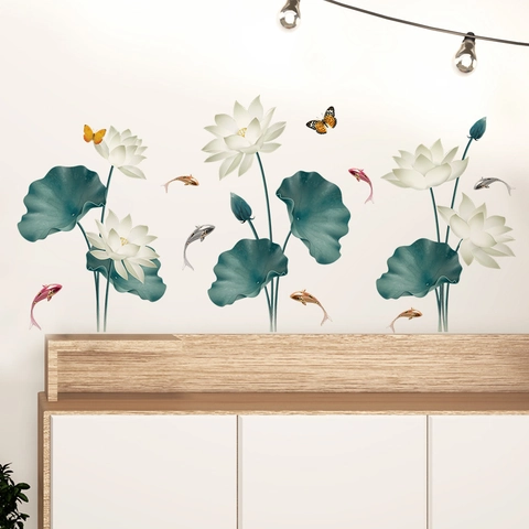Adesivo Murale in Stile Cinese Con Foglie di Loto Fiori Pesci Koi PVC Autoadesivo per Soggiorno Camera da Letto Casa
