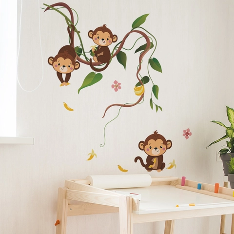 Cartoon Monkey Banana Vine PVC Wall Stickers For Kids Room Nursery Bedroom DIY Self-Adhesive Wall Decals Home Decor