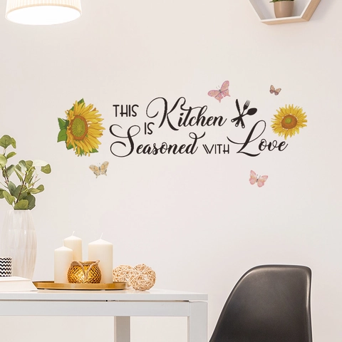 Sunflower Butterfly Kitchen Wall Sticker This Kitchen Is Seasoned With Love Quote Art PVC Decal DIY Home Decor Mural