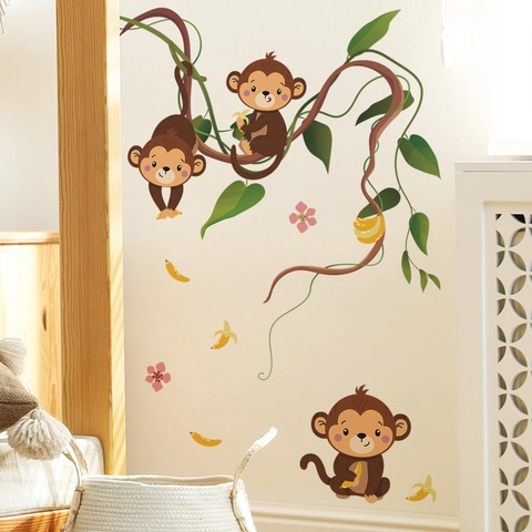 Cartoon Monkey Banana Vine PVC Wall Stickers For Kids Room Nursery Bedroom DIY Self-Adhesive Wall Decals Home Decor