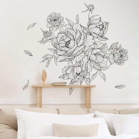 Sticker Mural Fleur de Pivoine Art de Ligne Noire Minimaliste Murale PVC Autocollante Amovible pour Salon Chambre Maison