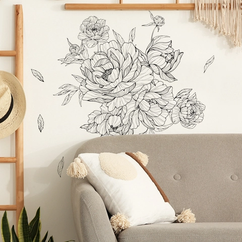 Sticker Mural Fleur de Pivoine Art de Ligne Noire Minimaliste Murale PVC Autocollante Amovible pour Salon Chambre Maison