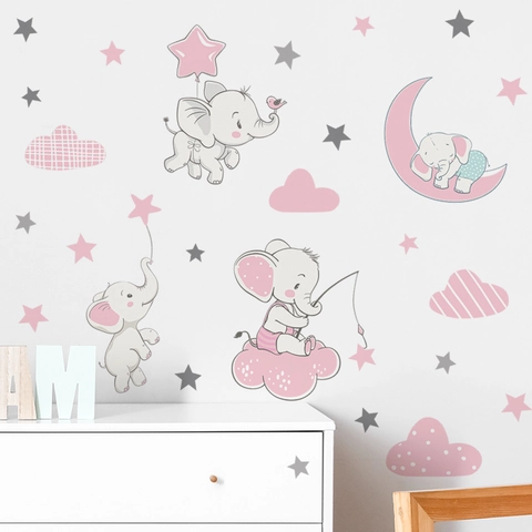 Pegatinas de Pared de Elefante Dibujos Animados Luna Estrellas PVC Removible Lindos Animales Calcomanías para Cuarto de Niños