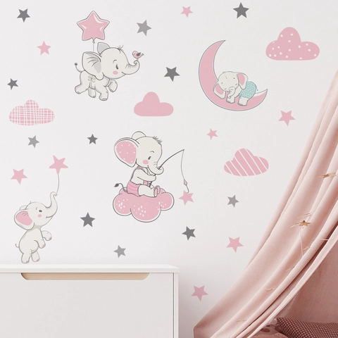 Pegatinas de Pared de Elefante Dibujos Animados Luna Estrellas PVC Removible Lindos Animales Calcomanías para Cuarto de Niños
