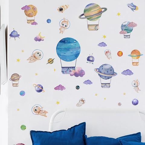 Pegatina de Pared Espacio Astronauta Conejo Planeta Acuarela de Ensueño Estrellas Nubes Globo Aerostático Decoración