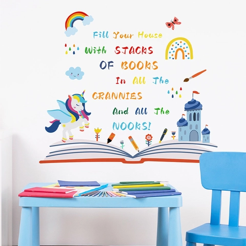 Cartoon Eenhoorn Regenboog Muurstickers Voor Kinderkamer Zelfklevend PVC Lezen Citaat Educatieve Huis Studeerkamer Decor