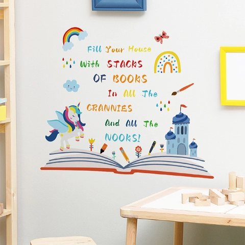 Cartoon Eenhoorn Regenboog Muurstickers Voor Kinderkamer Zelfklevend PVC Lezen Citaat Educatieve Huis Studeerkamer Decor
