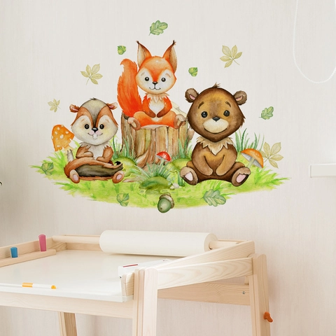 Cartoon Waldtiere Wandaufkleber Eichhörnchen Fuchs Bär Pilz Blatt Aquarell-Stil PVC Wandtattoo Für Kinderzimmer Dekor