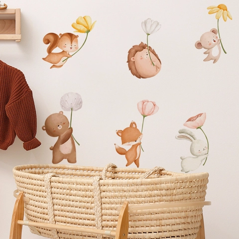 Adesivi Murali Animali della Foresta Acquerello Con Fiori Decalcomanie in PVC Rimovibili per Cameretta Bambini Casa