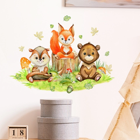 Cartoon Waldtiere Wandaufkleber Eichhörnchen Fuchs Bär Pilz Blatt Aquarell-Stil PVC Wandtattoo Für Kinderzimmer Dekor