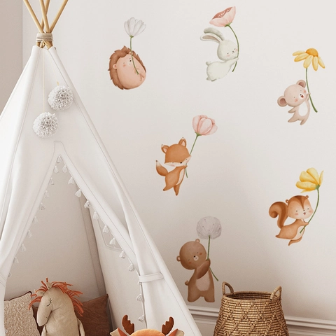 Adesivi Murali Animali della Foresta Acquerello Con Fiori Decalcomanie in PVC Rimovibili per Cameretta Bambini Casa