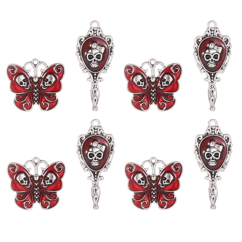Gothic Alloy Skull Mirror Butterfly Charms Red Enamel Drip Oil Pendants For DIY Jewelry Making Halloween Accessories