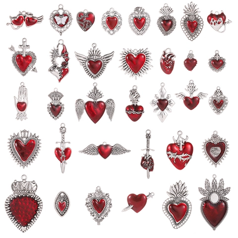 Gothic Sacred Heart Alloy Pendants Vintage Red Enamel Charms For DIY Jewelry Making Punk Necklace Bracelet Accessories