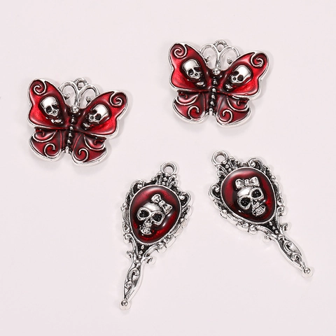 Gothic Alloy Skull Mirror Butterfly Charms Red Enamel Drip Oil Pendants For DIY Jewelry Making Halloween Accessories
